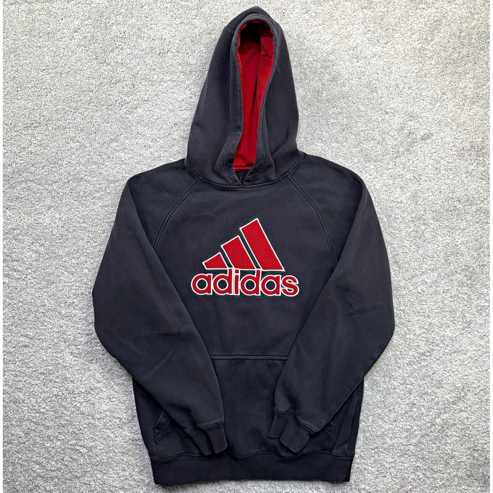 Adidas Hoodie Mens Medium Black Red Embroidered Logo Pullover Sweatshirt Y2K